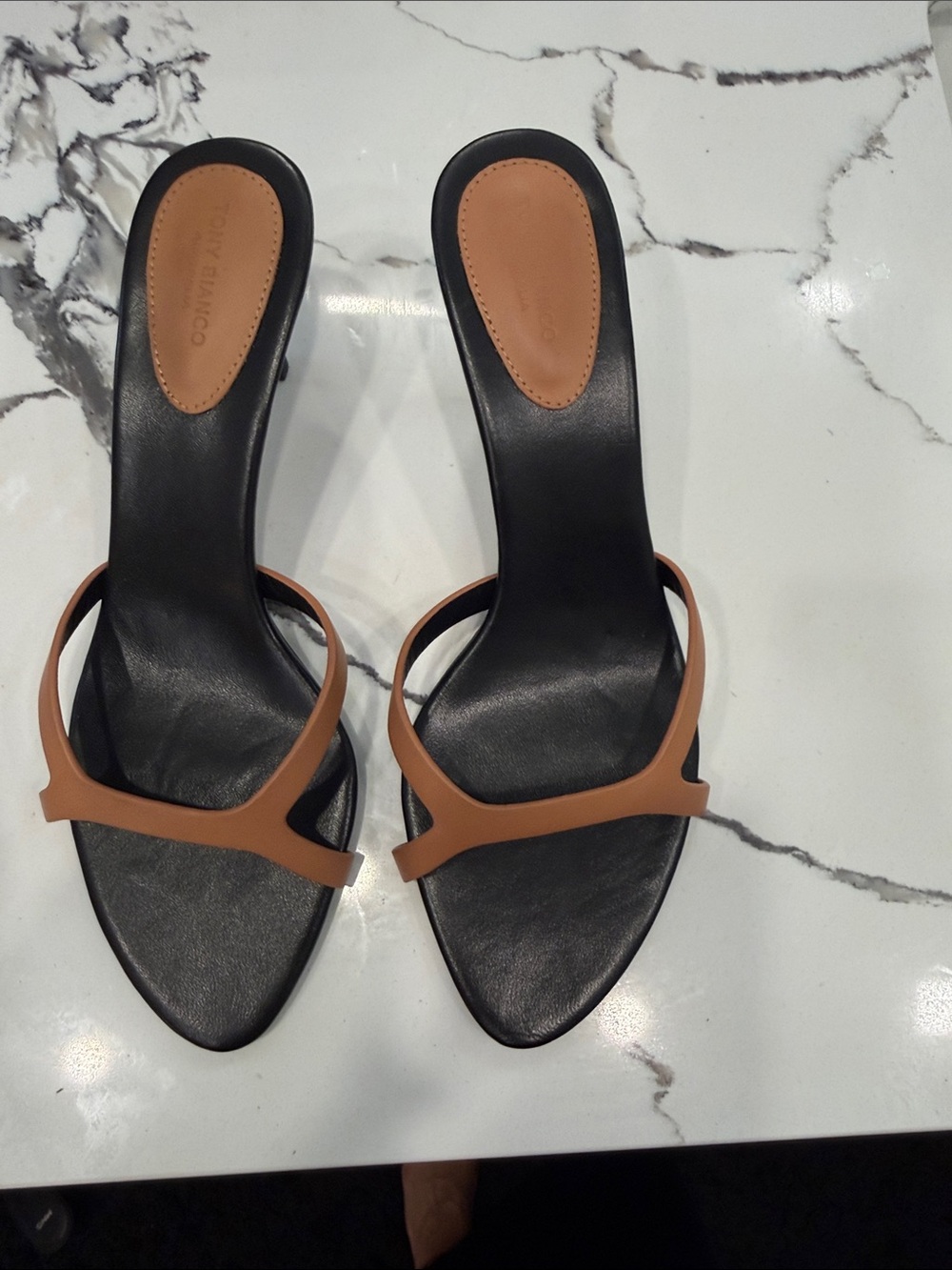 Tony Bianco “Daisy” Black & Tan Slide Heels